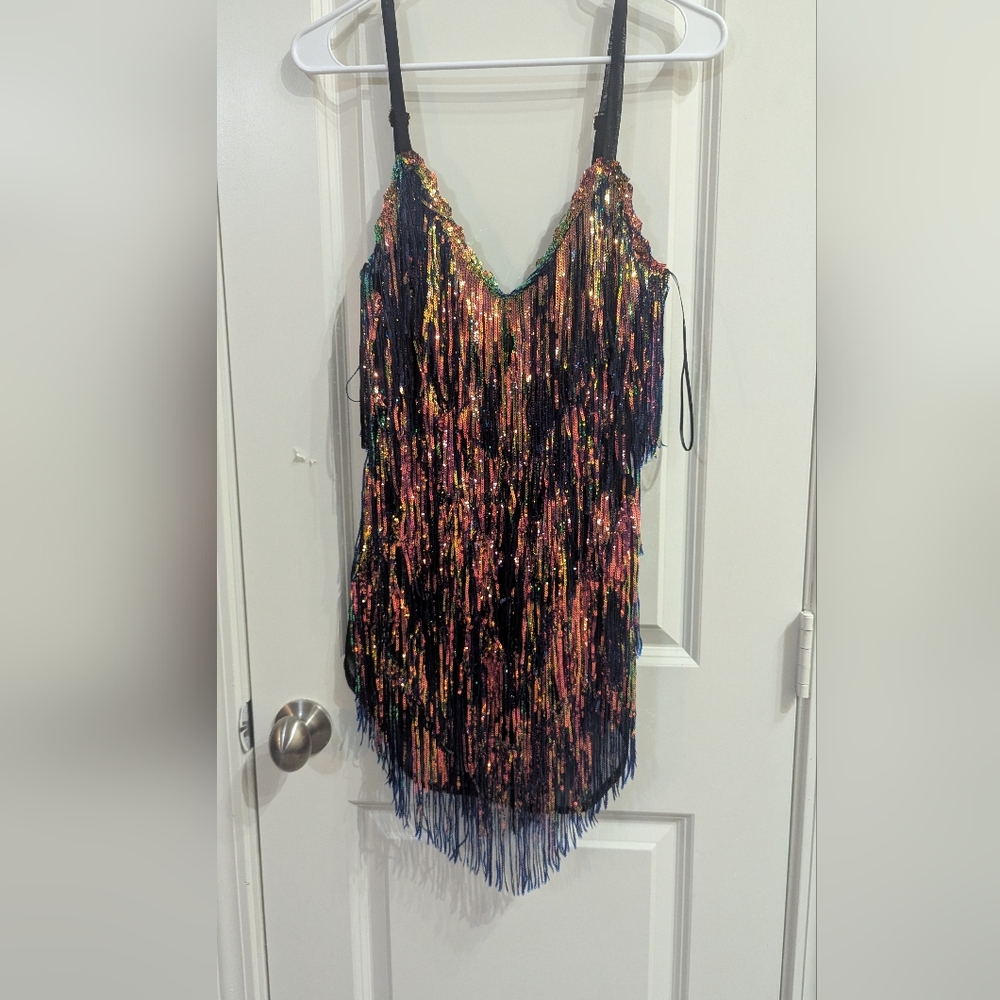 AKIRA Show Up Sequin Fringe Mini Dress In Black Multi